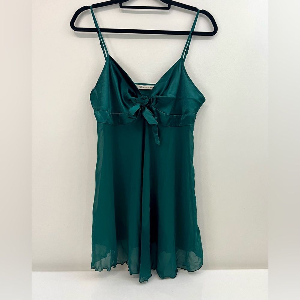 Vintage VICTORIA'S SECRET GREEN CHIFFON CHEMISE Babydoll Dress Lingerie L